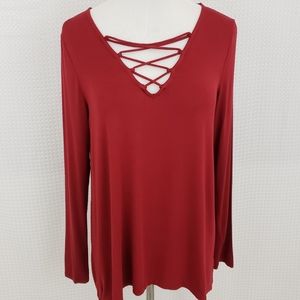 Old Navy Lace Up V Neck Top Dark Red Stretchy size Small
